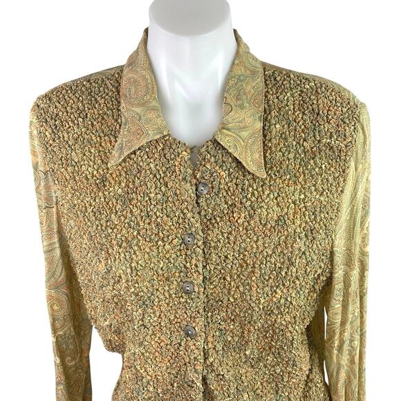 Francess Erita Gold Tan Textured Paisley Long Sleeve Button Up Shirt Top Size 12 - Picture 3 of 4